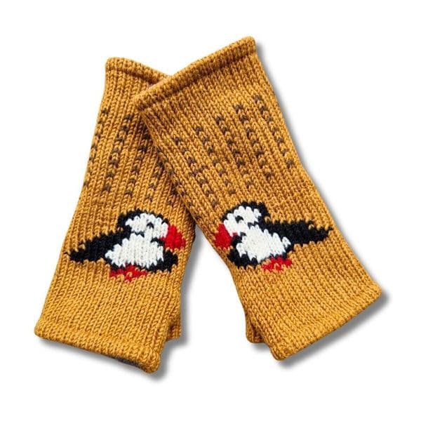 Puffin hand-knitted wool wrist warmers in Straw