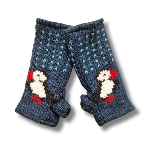 Puffin hand-knitted wool wrist warmers in Teal