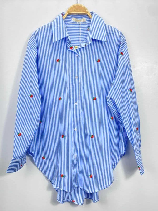 Striped Cotton Shirt Embroidered With  Strawberries