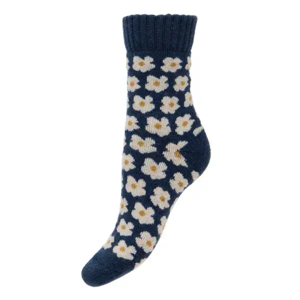 Thick Navy wool blend socks with ribbed cuff and Daisies Size 4-7