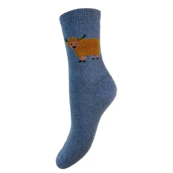 Thick wool blend blue socks with fluffy Highland Cows size 4-7
