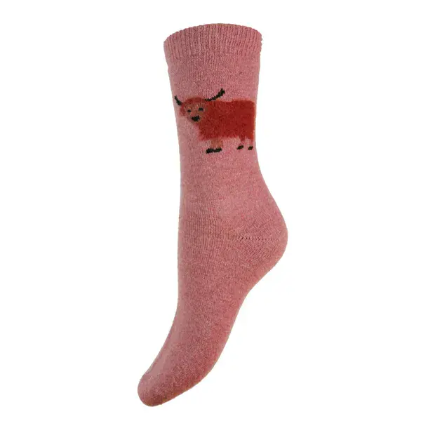 Thick wool blend pink socks with fluffy Highland Cows size 4-7