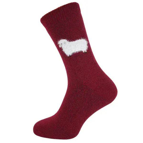 Thick Wool Blend Socks With Fluffy Sheep in Maroon - Size 8-12