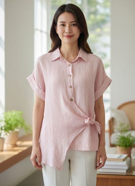 Tie Shirt  Cotton Linen Mix