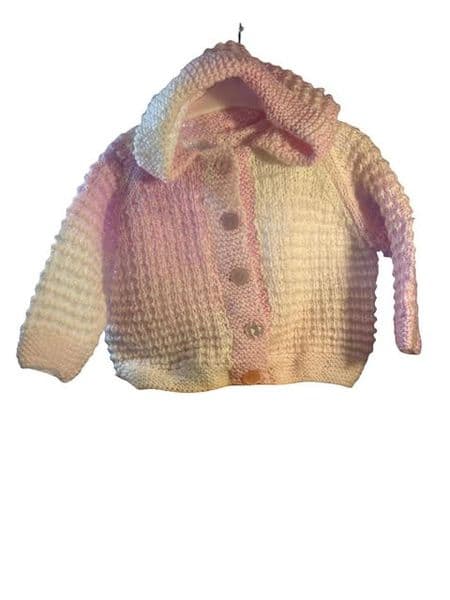 -12 Month Hooded Pink & White Cardigan