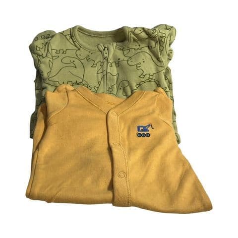 0-0 First Size 2 Mustard and Pea Sleepsuits