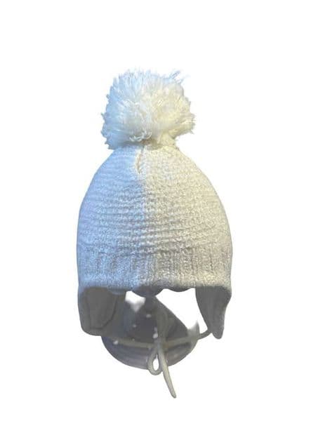 0-3 Month White Flap Bobble Hat