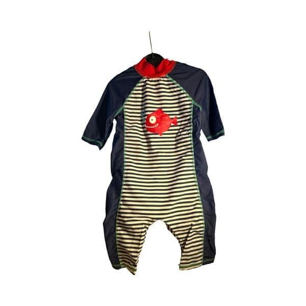 12-18 Month Vinted/Facebook: Mothercare  Blue Striped All-in-One Swimsuit with Red Fish