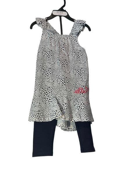 12 -24 Months ELLE Junior Girls White & Black Heart Print Sun Dress & Leggings Set