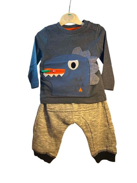 3-6 Month F&F Baby Boy Dinosaur Top Primark Grey Pouch Pocket Joggers Set
