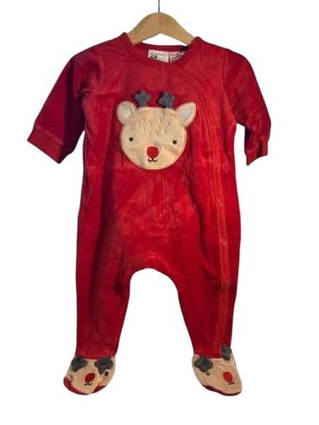 4-6 Month H&M Baby Red Velour Christmas Reindeer Sleepsuit All in One with Feet.