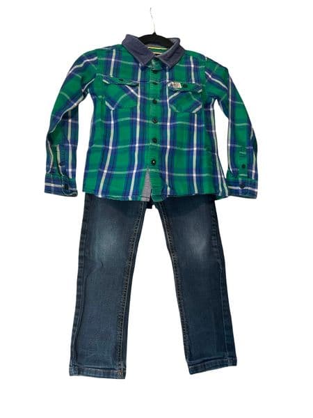 6-7 Year Boys Casual Outfit Set – Green Check Flannel Shirt & Tu Slim Jeans
