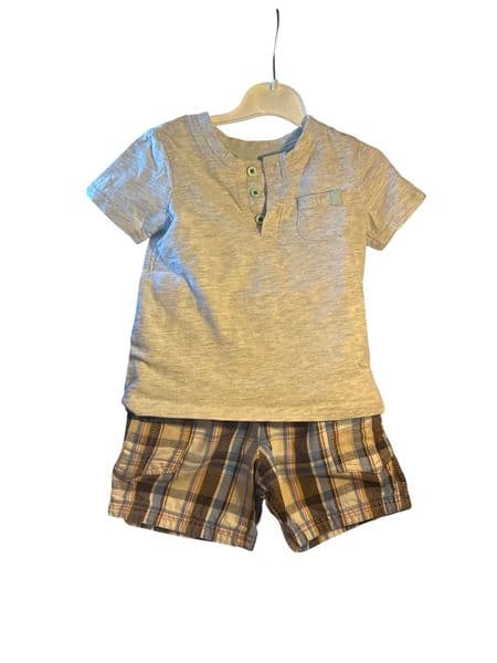9-12 Month George Baby Boys Grey Henley Tee & Plaid Cargo Shorts Set