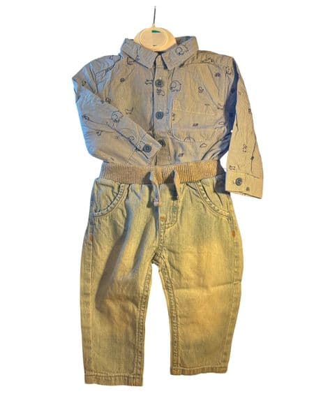 George Baby Boy Striped Shirt Bodysuit Nutmeg Lightweight Jeans Set