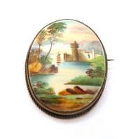 Antique Large Hand Painted Onto Ceramic Landscape County Cork Castle Scene Brooch.