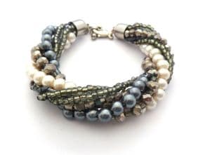 Chunky Faux Peal And Grey Beaded Twisted Torsade Adjustable Length Design Bracelet