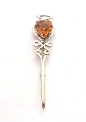 Large Scottish Style Faux Cairngorm Rhinestone Set Kilt Pin Style Brooch