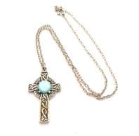 Small Scottish Celtic Cross Style Blue Cabochon Set Pendant Necklace