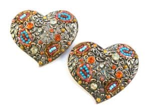 Two Large Rhinestone And Bead Set Heart Brooches.