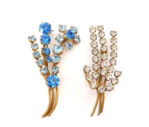 Two Vintage Blue And Clear Rhinestone Set Abstract Modernist Floral Design Brooches