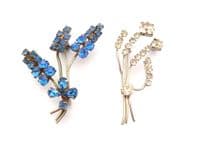 Two Vintage Blue And Clear Rhinestone Set Abstract Modernist Floral Design Mid Century Brooches
