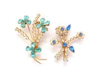 Two Vintage Blue And Clear Rhinestone Set Modernist Floral Design Mid Century Brooches