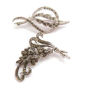 Two Vintage Marcasite Set Flower And Leaf Design Brooches