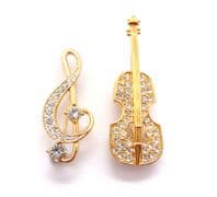 Two Vintage Musical Themed Rhinestone Set Small Brooches