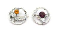 Two Vintage Small Scottish Style Brooches By Mizpah, Thistle And Stag Design