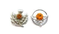 Two Vintage Small Scottish Style Brooches, Thistle And Stag Design