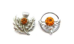 Two Vintage Small Scottish Style Brooches, Thistle And Stag Design