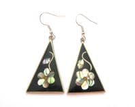 Vintage Abalone Shell Inlaid Alpaca Silver Triangular Drop Floral Design Earrings