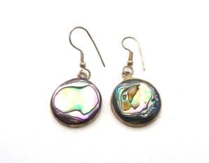 Vintage Alpaca Silver And Abalone Shell Circular Disc Shaped Drop Earrings