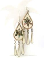 Vintage Alpaca Silver And Abalone Shell Inlaid Floral Design Drop Detailed Earrings