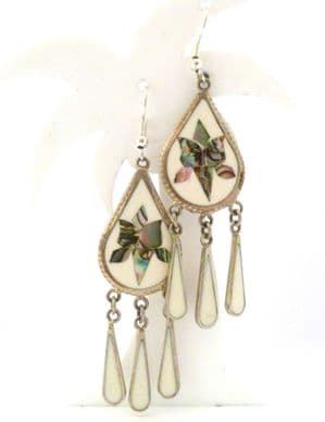 Vintage Alpaca Silver And Abalone Shell Inlaid Floral Design Drop Detailed Earrings