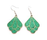 Vintage Alpaca Silver And Crushed Turquoise Fan Shaped Drop Design Earrings