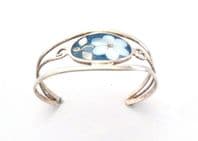 Vintage Alpaca Silver And Mother Of Pearl Shell Floral Design Cuff Bracelet