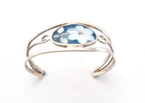 Vintage Alpaca Silver And Mother Of Pearl Shell Floral Design Cuff Bracelet