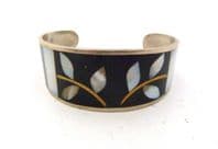 Vintage Alpaca Silver And Mother Of Pearl Shell Leaf Design Bangle Cuff Bracelet
