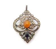 Vintage Amber, Garnet, Marcasite and  Sterling Silver Fully Hallmarked Combination Brooch