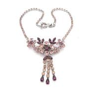 Vintage Amethyst And Pale Lilac Rhinestone Set Triple Drop Floral Design Statement Necklace