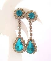 Vintage Aqua Blue And Clear RhinestoneTeardrop Design Earrings