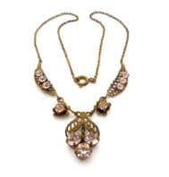 Vintage Art Deco Era Pale Lavender Rhinestone Flower And Leaf Filigree Design Choker Necklace