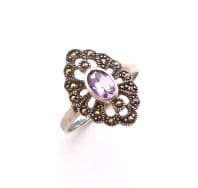 Vintage Art Deco Revival Style Sterling Silver, Marcasite And Amethyst Gemstone Set Ring