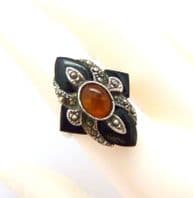 Vintage Art Deco Revival Style Sterling Silver, Marcasite Onyx And Amber Set Gemstone Ring
