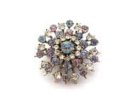 Vintage Atomic Age Floral Style Rainbow Iris Glass And Clear Rhinestone Set Statement Brooch