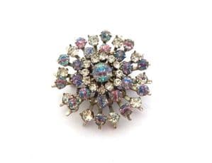 Vintage Atomic Age Floral Style Rainbow Iris Glass And Clear Rhinestone Set Statement Brooch
