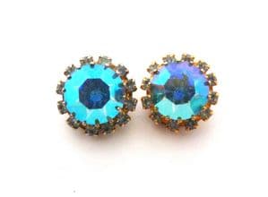 Vintage Aurora Borealis And Blue Rhinestone Floral Style Clip On Earrings