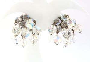 Vintage Aurora Borealis Crystal Beaded Cascade Cluster Drop Design Clip On Earrings