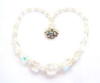 Vintage Aurora Borealis Crystal Beaded Necklace With Large Rhinestone Detailed Floral  Clasp
